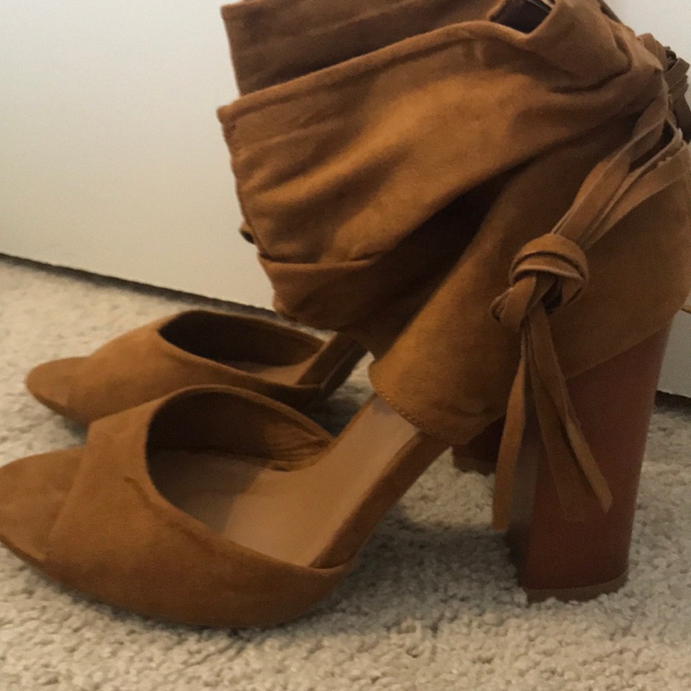 Open toe faux leather heels